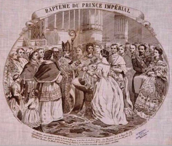 gravure d'époque montrant le baptême du prince impérial