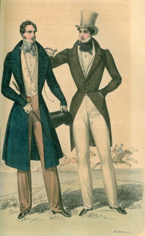 gravure d'époque représentant deux jeunes dandys en grand costume, chapeau haut de former, etc...