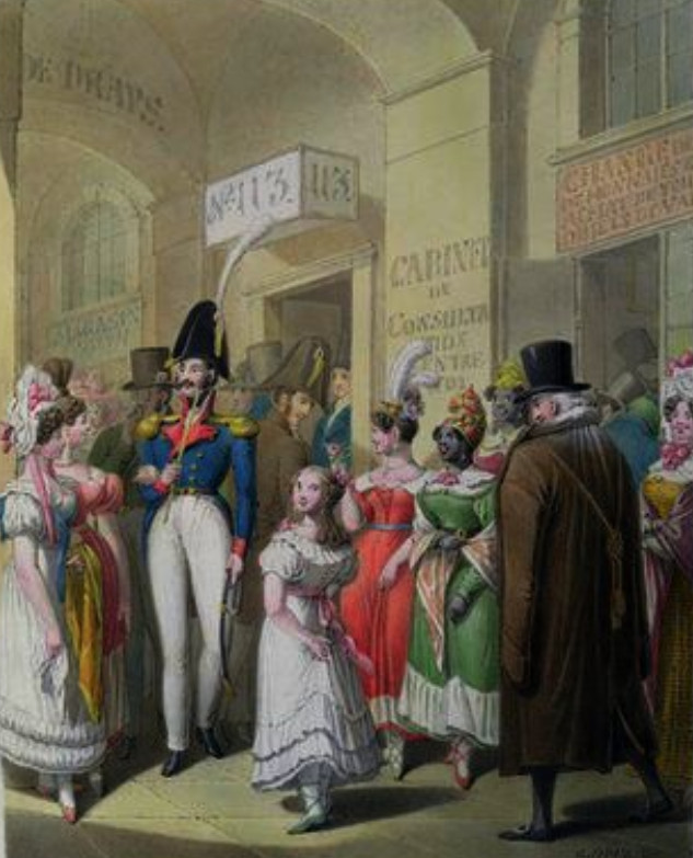 peinture d'époque représentant une galerie du Palais-Royal avec ses promeneurs qui aiment se montrer avec leurs beaux vêtements !